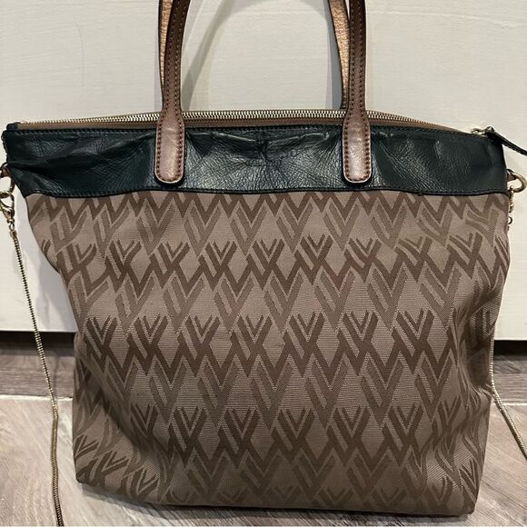 VALENTINO Tote All Over Print Green Beige Crossbody  Zip Top Pocket Large - Picture 2 of 11